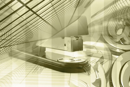 Business collage with stapler, mail signs and table, in sepia.