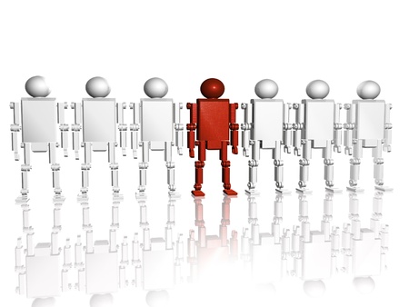 Red and white robots on white reflective background.の写真素材