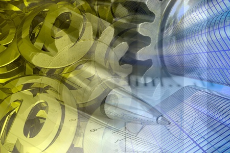 Business background with pen, buildings and mail signs.の写真素材