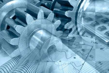 Business background in blues with ruler, gear and table.の写真素材