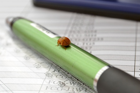 Business background with table, ruler, pen and beetle.の写真素材