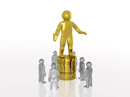 Gold man with coin stack, white reflective background.の写真素材