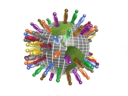 Globe and color mans on the white background.の写真素材