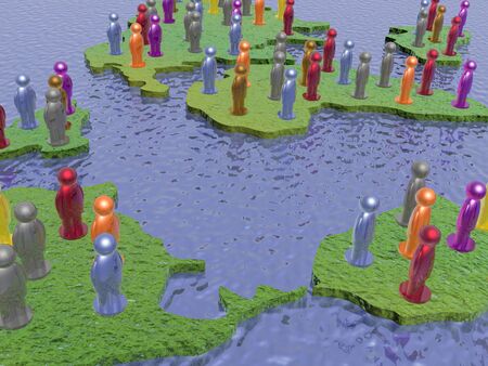 Color mans with continents on the water background.の写真素材