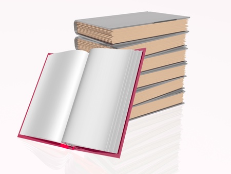Red and grey books, white reflective background.の写真素材