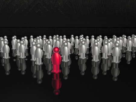 Red and grey mans on black reflective background.の写真素材