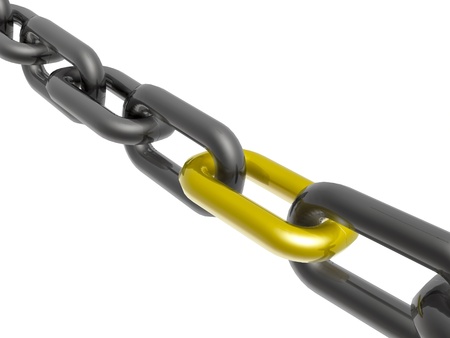 Grey chain with yellow link, white background.の写真素材