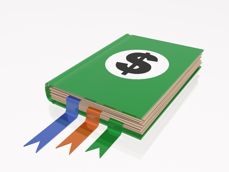 Book with dollar sign, white reflective background.の写真素材