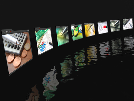 Web pages with pictures (business) on black reflective background.の写真素材