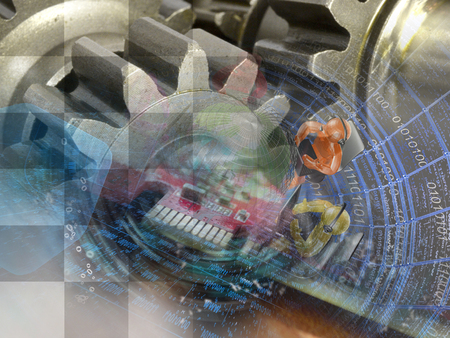 Digits, gears and mans - abstract computer background.