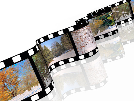 Film roll with color pictures (winter) on white background. All pictures are my own photos. の写真素材