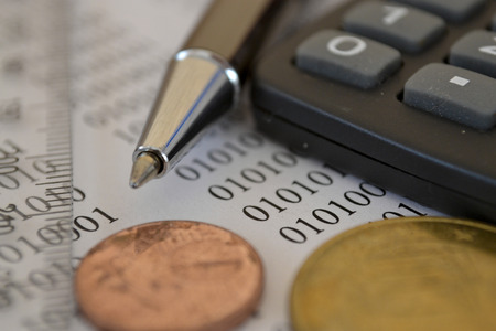 Business background with money, calculator and pen.の写真素材