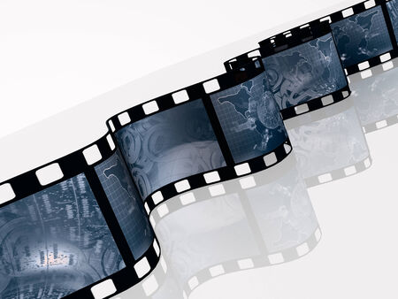 Film roll with blue pictures (communication) on white background.の写真素材