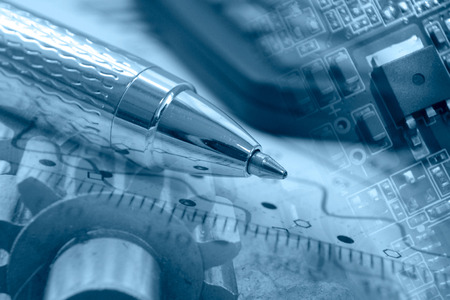 Business background with graph, gears and pen, in blues.