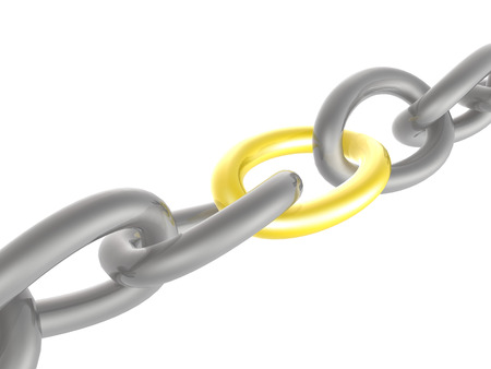 Grey chain with yellow link, white background.の写真素材