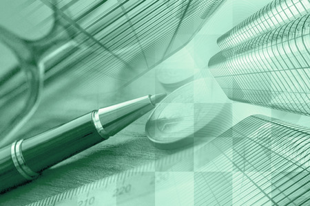 Business background in greens with money, glasses and pen.の写真素材