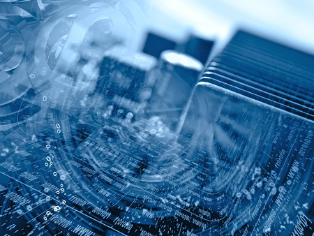 Computer background in blues with electronic device, mail signs and digits.