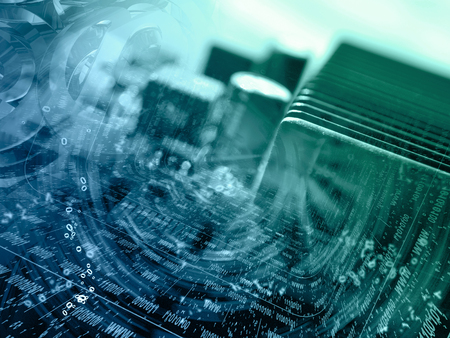 Digits and device - abstract computer background in greens and blues.の写真素材