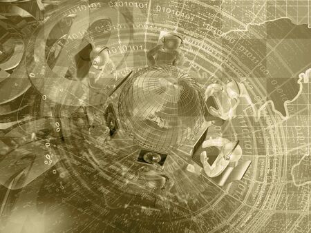 Mans, mail signs and map - abstract computer background in sepia.の写真素材