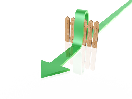 Green arrow and fence on white reflective background.の写真素材