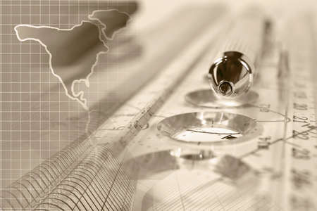 Financial background in sepia with map, buildings, ruler, graph and pen.