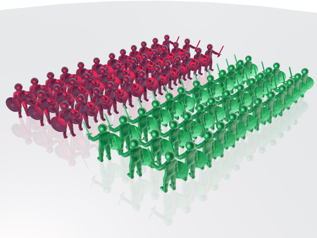 Red and green soldiers with on white reflective background, 3D illustration.の写真素材