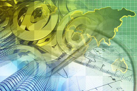 Financial background with map, ruler, buildings, graph and mail signs.の写真素材