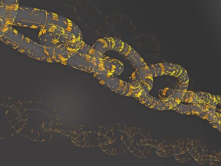 Chain with digital links, black background, 3D illustration.