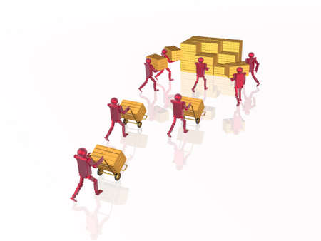 Red robots with casegoods on white reflective background, 3D illustration.の写真素材