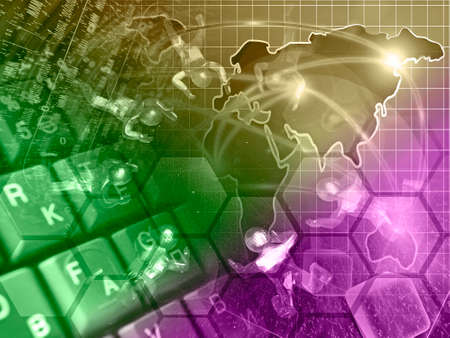Computer background with digits, mans and map, toned.