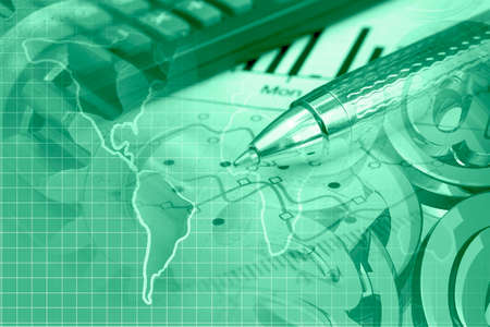 Financial background in greens with map, calculator, graph and pen.の写真素材