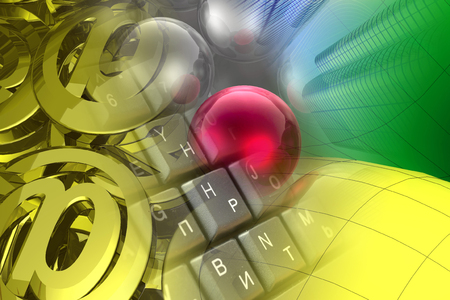 Computer background - mail signs, balls, keyboard and buildings.の写真素材