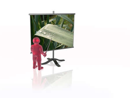 Man with presentation stand about nature, white background, 3D illustration.