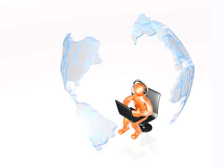 Communication - globe, red man and notebook on white background, 3D illustration.の写真素材