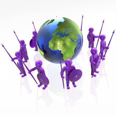 Violet armed mans with globe on white background, 3D illustration.の写真素材