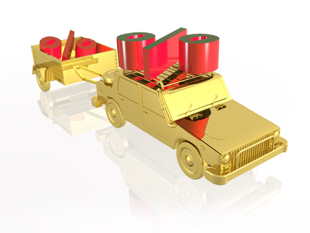 Gold car with percent signs on white reflective background, 3D illustration.の写真素材