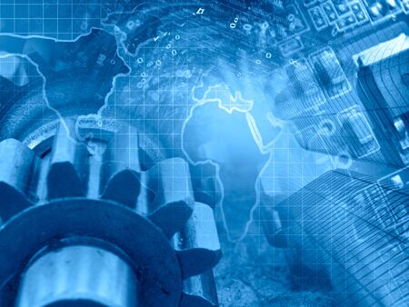 Digits, gear and map - abstract computer background in blues.