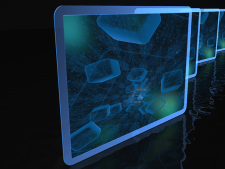 Screens with communication collages on the black, 3D illustration.の写真素材