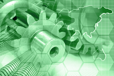 Business background in greens with map, gears and buildings.の写真素材