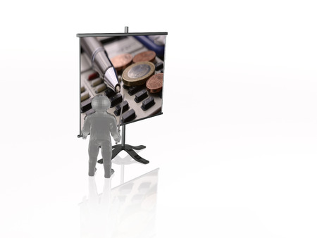 Man with presentation stand, white background, 3D illustration.