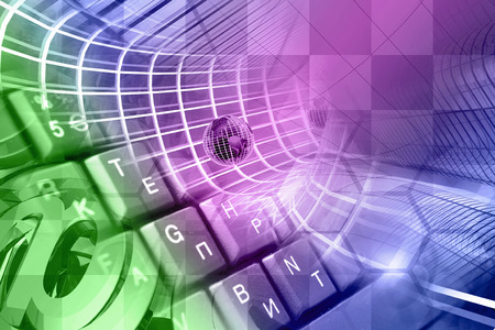Computer background - mail signs, balls, keyboard and buildings, toned.の写真素材