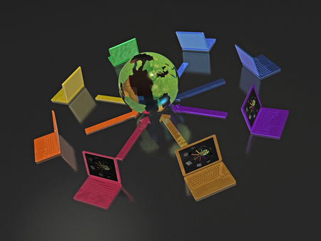 Network - notebooks and globe on black background, 3D illustration.の写真素材