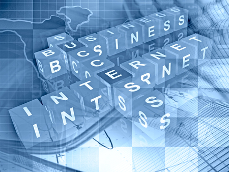 Cubes with letters on the abstract background, in blues.の写真素材