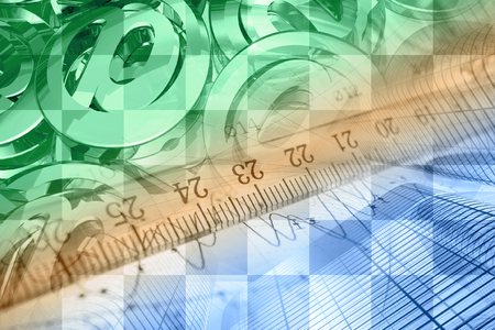 Business background with mail signs, graph, ruler and buildings.の写真素材