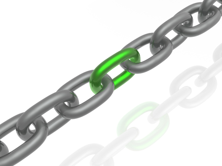 Grey chain with green link, white background, 3D illustration.の写真素材