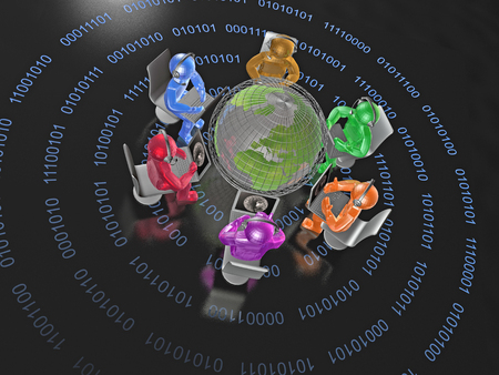 Communication - color man and notebooks on black background, 3D illustration.の写真素材