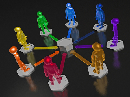 Color mans on black reflective background, 3D illustration.の写真素材