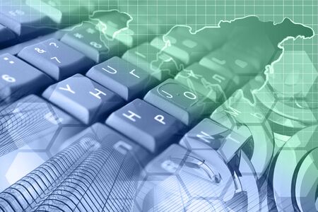 Abstract computer background with keyboard, mail signs and map.の写真素材