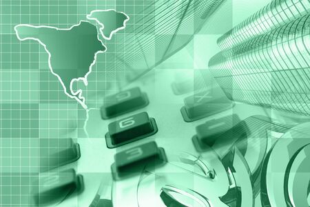 Business collage with mail signs, calculator and map.の写真素材