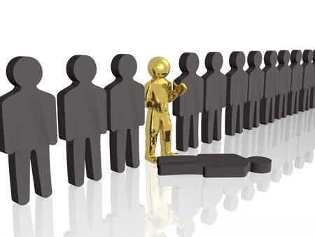 Gold and grey mans on white reflective background, 3D illustration.の写真素材